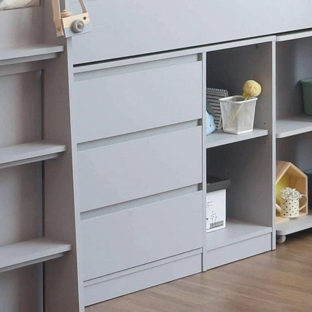 Close-up of the Ripley Mid Sleeper's drawers and shelves in grey
