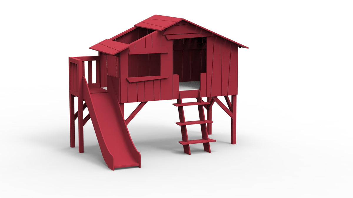 Mathy by Bols Treehouse Bed with Platform and Slide in Marsala
