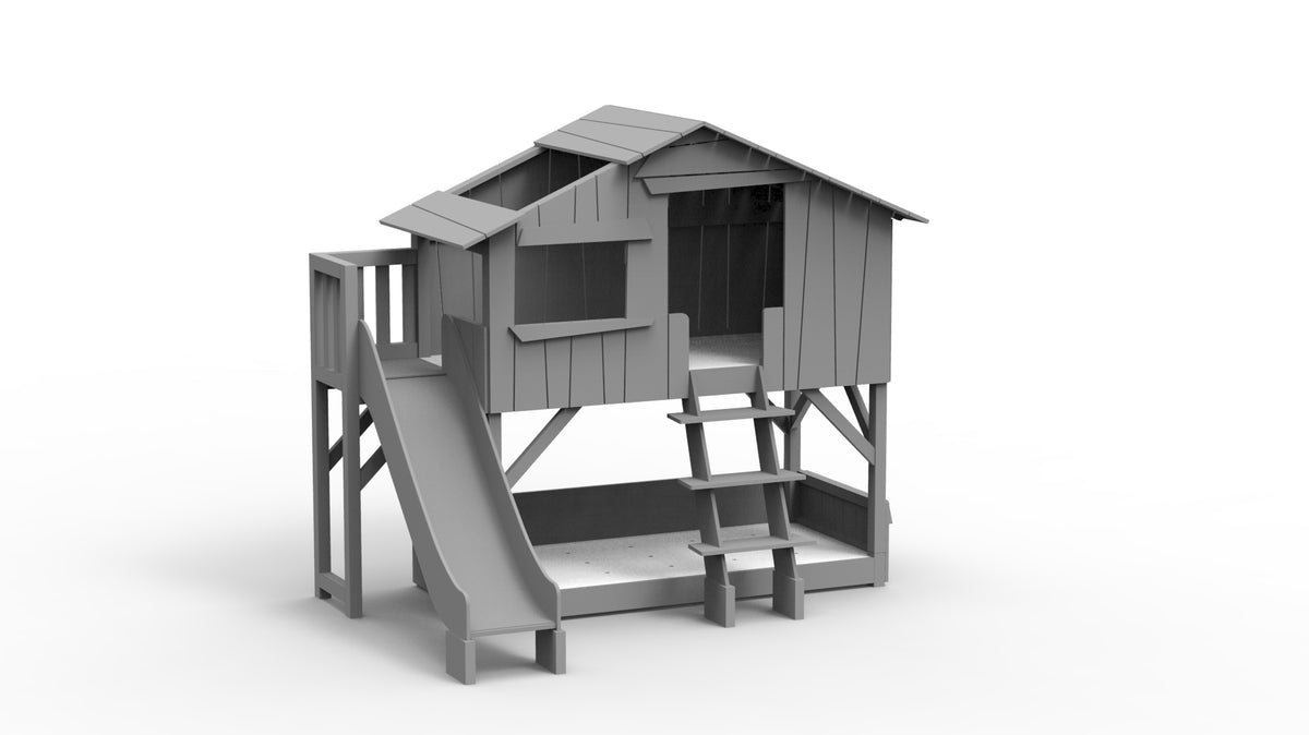 Mathy by Bols Treehouse Bunk Bed with Platform and Slide in Cement Grey