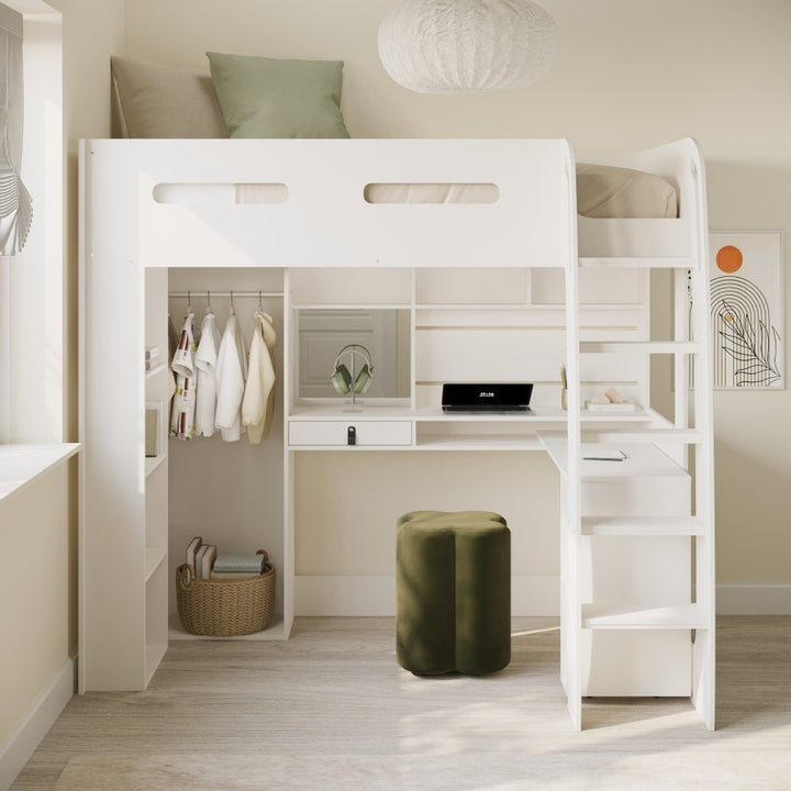 Arlo High Sleeper with Wardrobe, Desk & Shelves