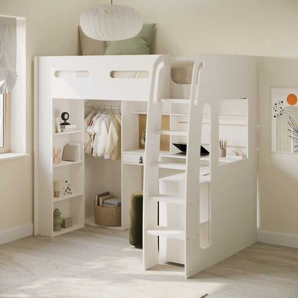 Arlo High Sleeper with Wardrobe, Desk & Shelves
