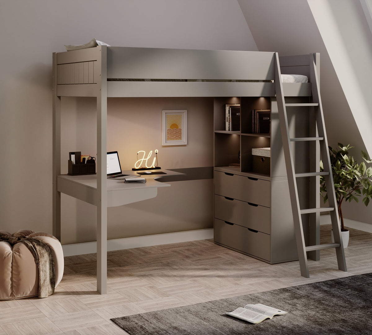 Cambridge Solid Pine High Sleeper with Desk & Storage