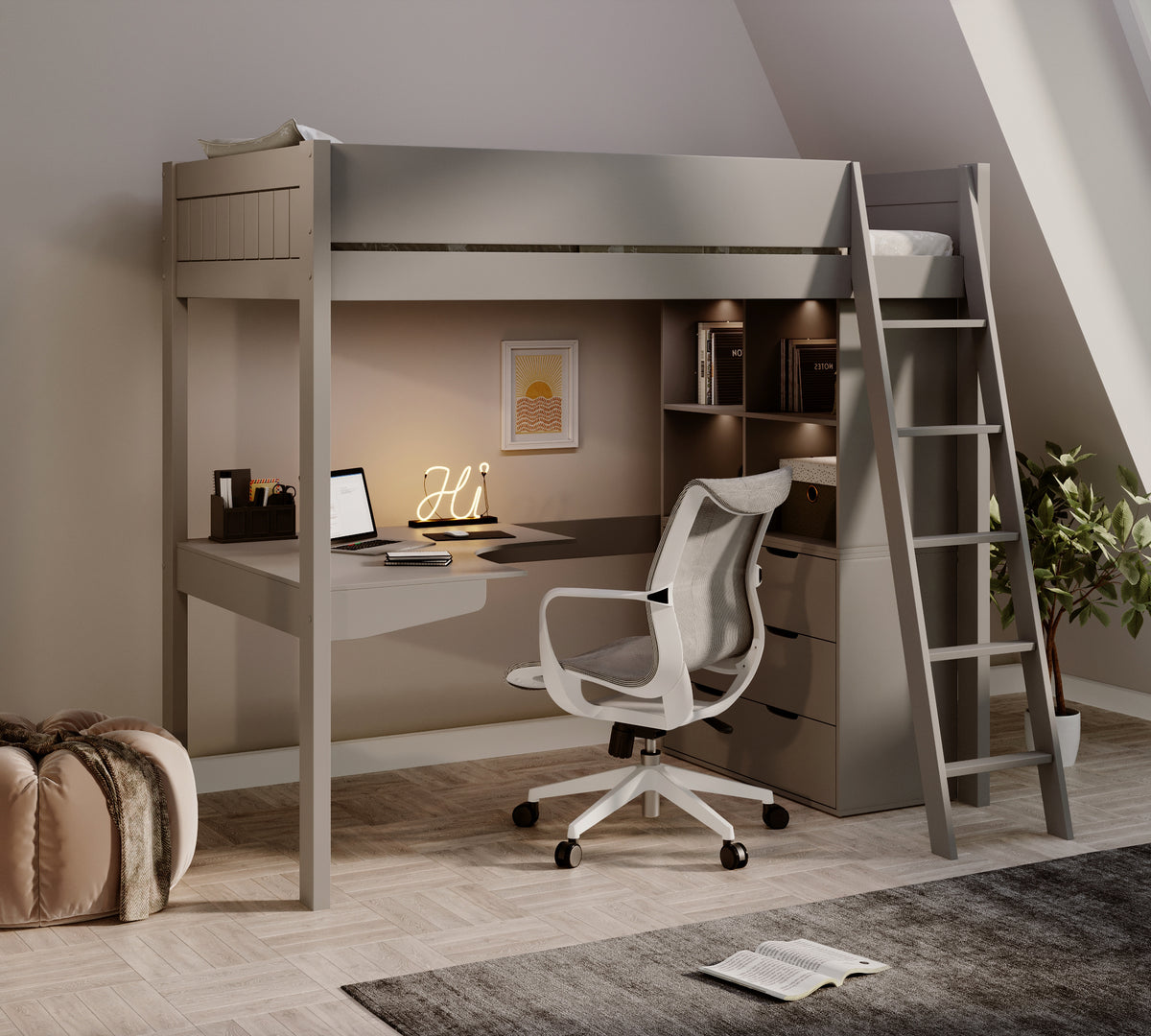 Cambridge Solid Pine High Sleeper with Desk & Storage