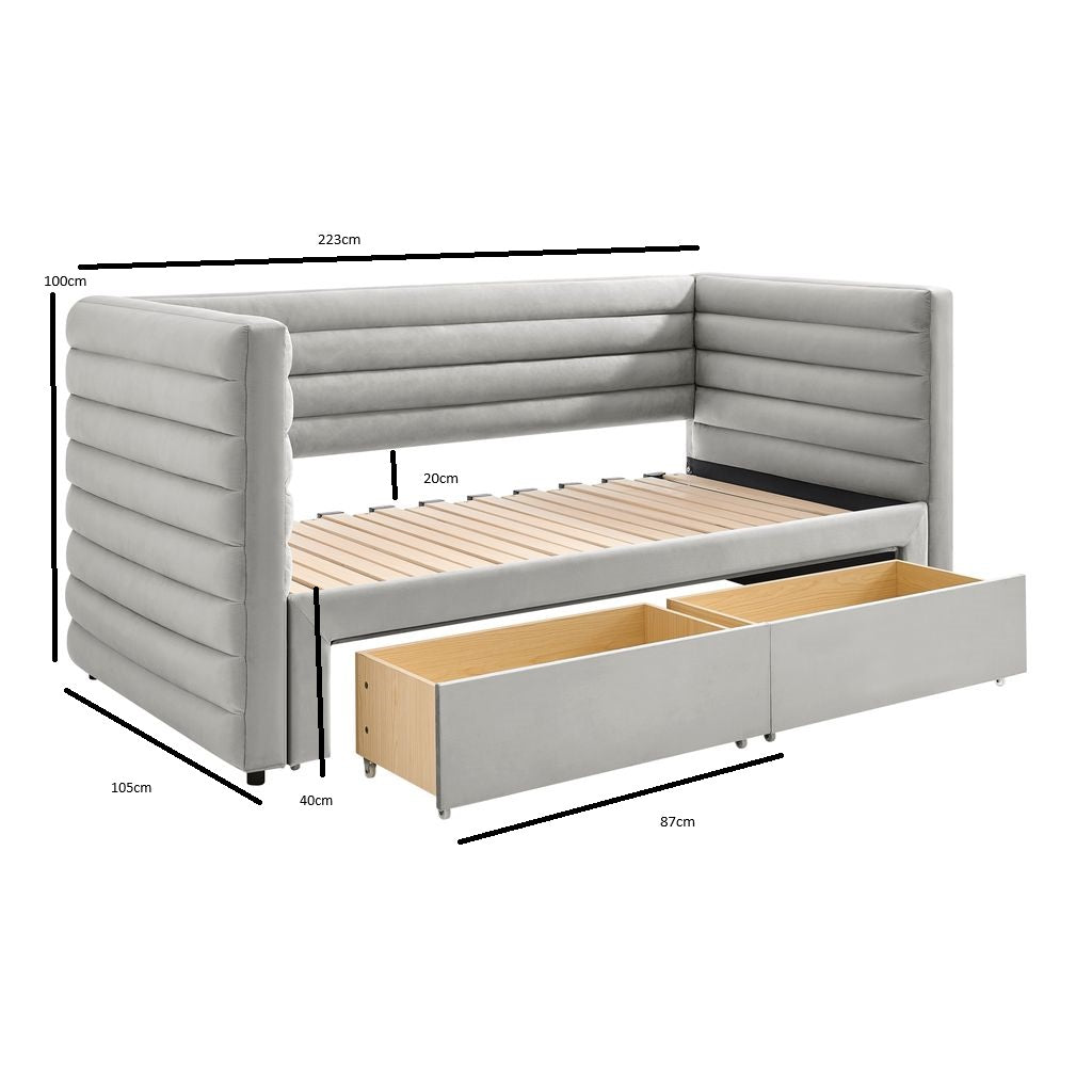 Elowen Velvet Daybed with Two Storage Drawers in Grey – product view 9