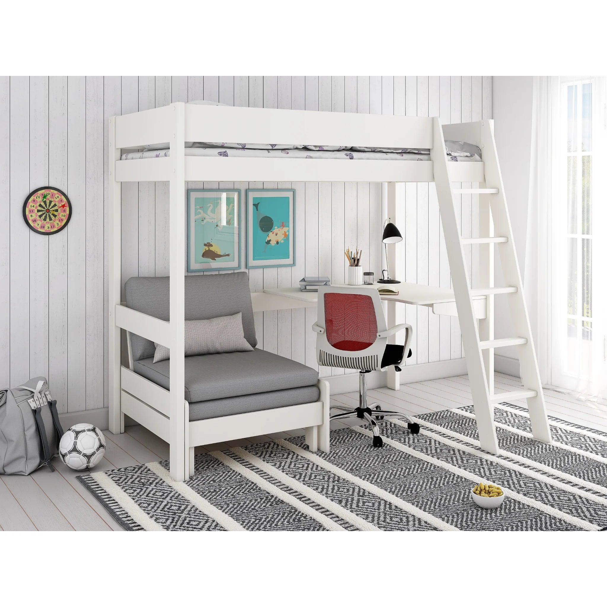 Estella White High Sleeper with Desk & Grey Sofabed