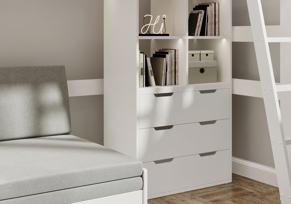 Eton High Sleeper in white, close-up of the silver sofa beside the open cubes and three-drawer chest