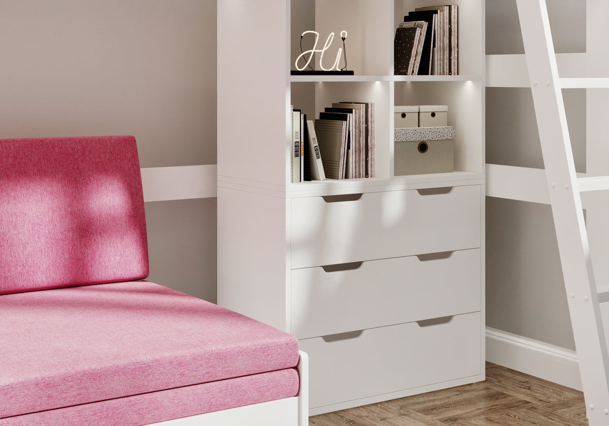 Eton High Sleeper in white, close-up of the pink sofa beside the open cubes and three-drawer chest