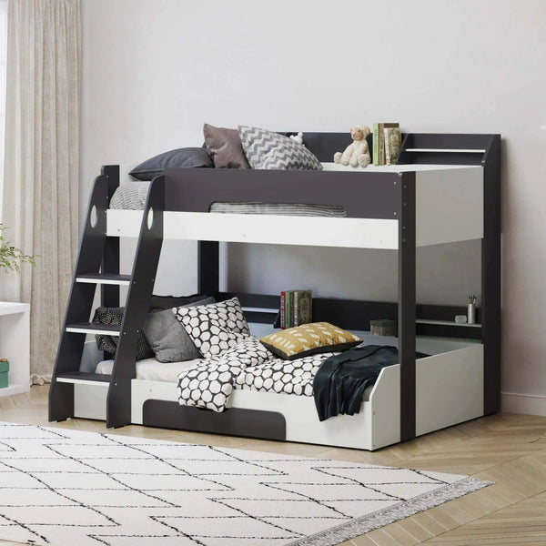 Flick Dark Grey Triple Bunk Bed with Storage Shelves & Drawer