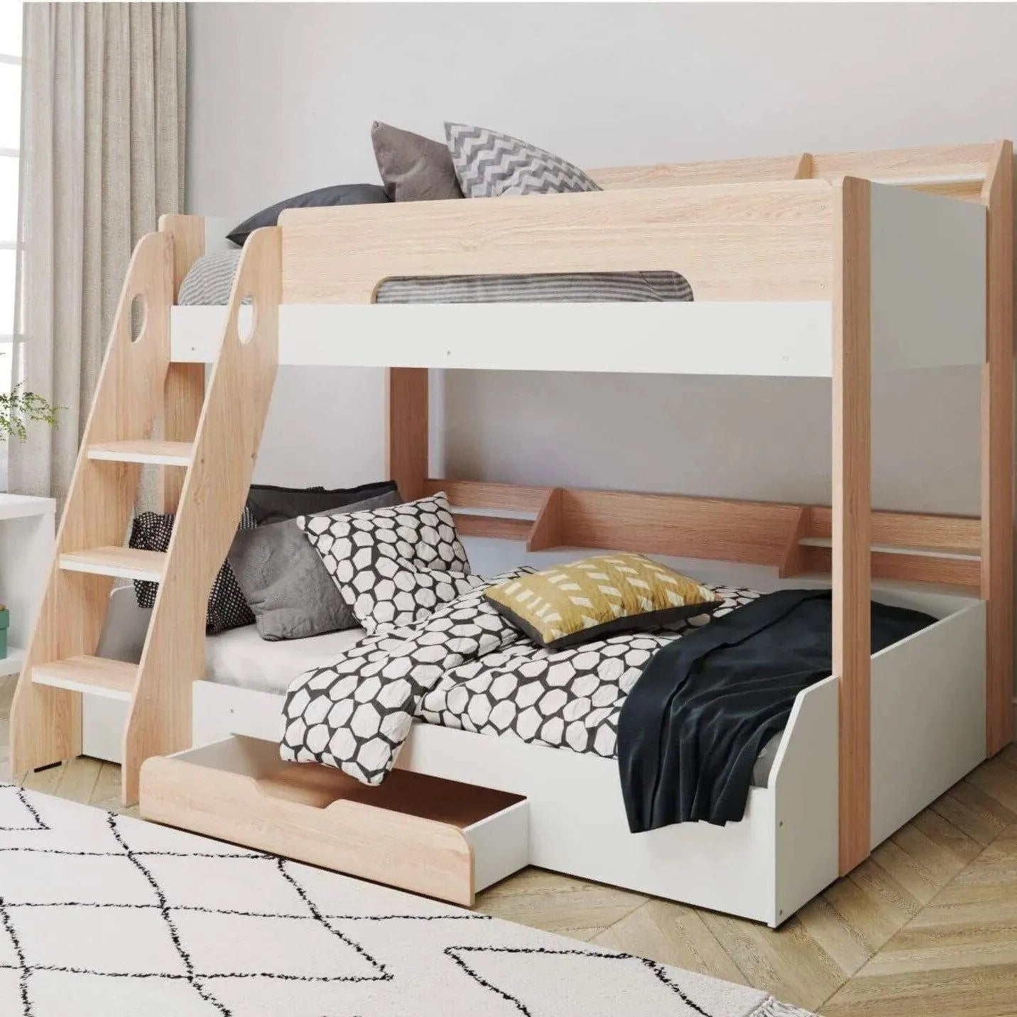 flick-oak-triple-bunk-bed-with-storage-shelves-drawer