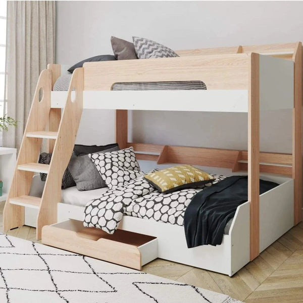 Flick Oak Triple Bunk Bed with Storage Shelves & Drawer