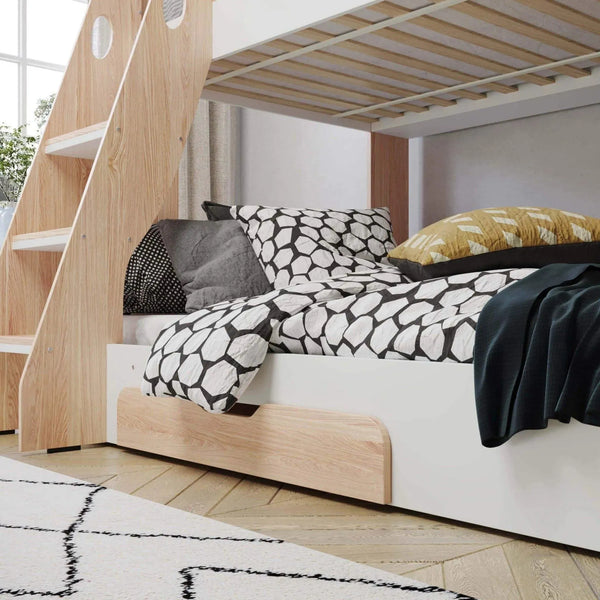 Flick Oak Triple Bunk Bed with Storage Shelves & Drawer