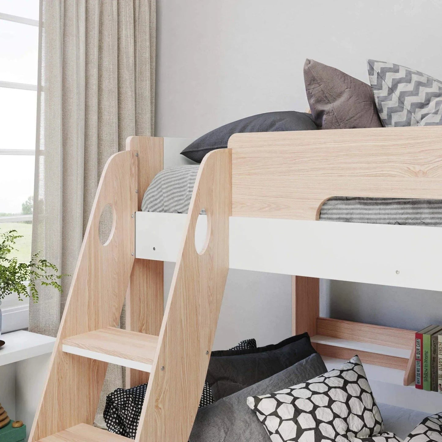 Flick Oak Triple Bunk Bed with Storage Shelves & Drawer