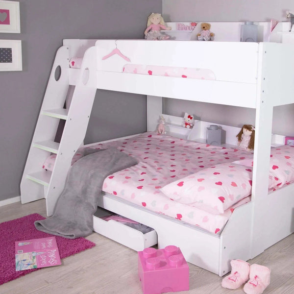 Flick White Triple Bunk Bed with Storage Shelves & Drawer