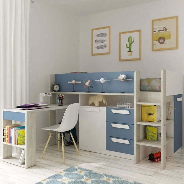 Girona mid sleeper with a pull-out desk, cupboards and drawers