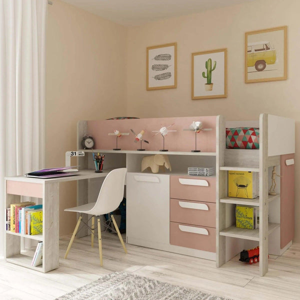 Girona Mid Sleeper Bed with Pull Out Desk, Cupboard & Drawers