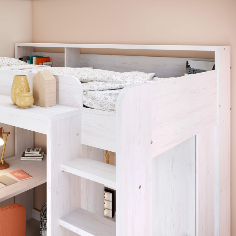 higher high sleeper bed with desk and shelves