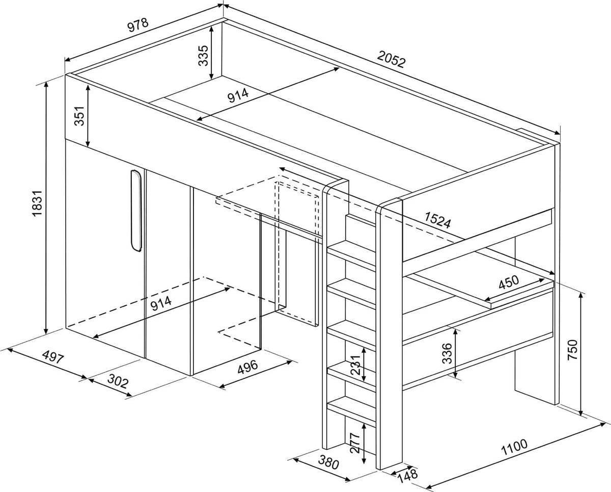 Highgate high sleeper dimension drawing in millimetres: 2052mm long, 978mm wide and 1831mm high