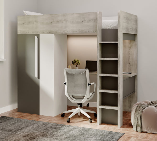 Highgate High Sleeper with Desk, Wardrobe & Shelves