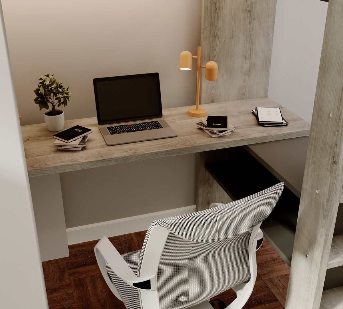 Close-up of the Highgate's 152cm desk, with room for a laptop and books