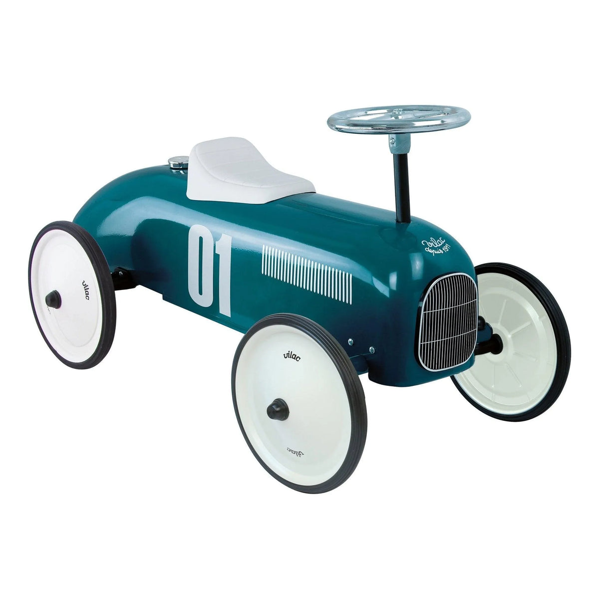 Vilac vintage metal ride-on car in Petrol Blue