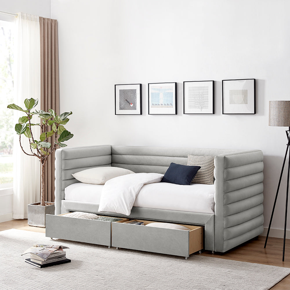 Elowen Velvet Daybed with Two Storage Drawers in Grey – product view 2