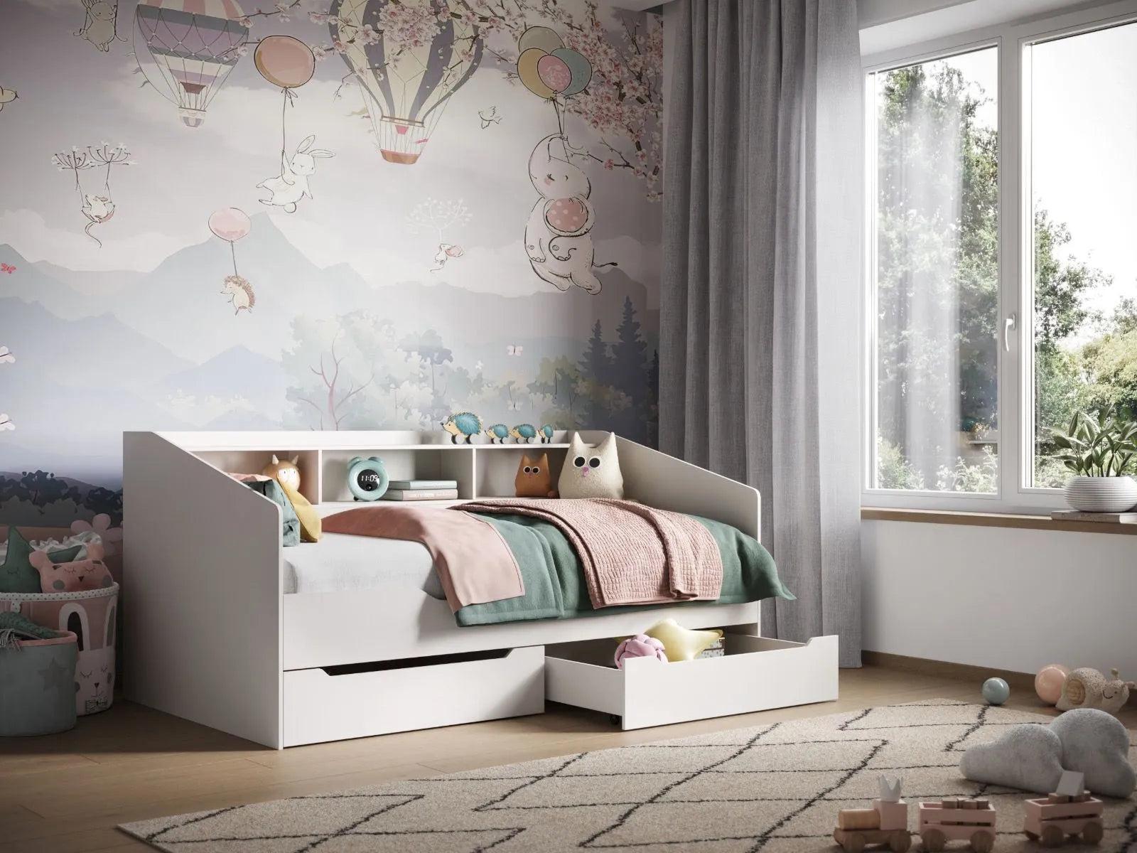 Leni White Day Bed with Shelves and Drawers
