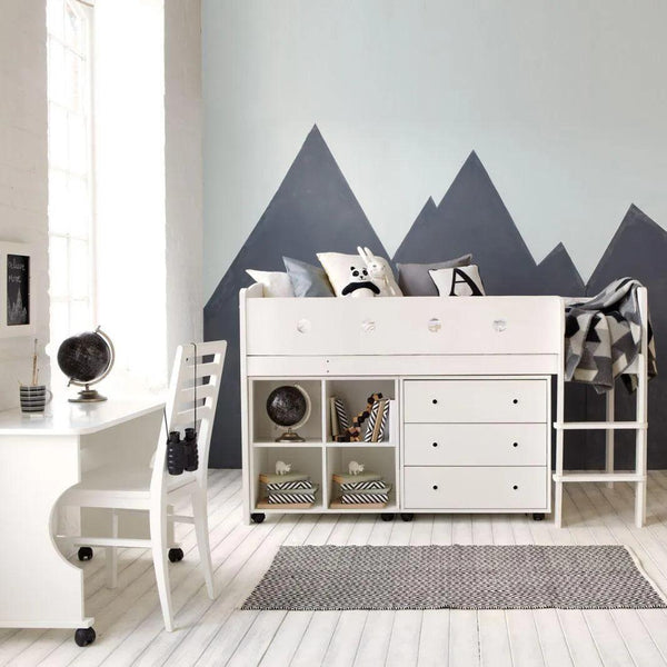CUBIX Mid Sleeper with Chest of Drawers, Bookcase & Desk in Pure White
