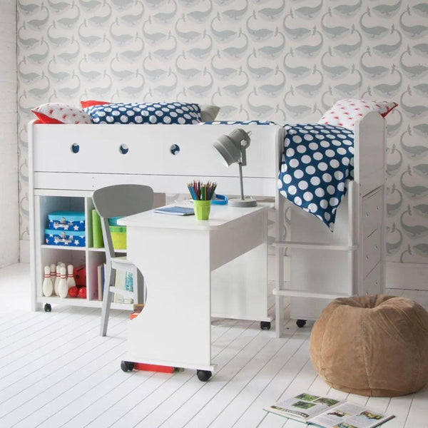 CUBIX Mid Sleeper with Chest of Drawers, Bookcase & Desk in Pure White