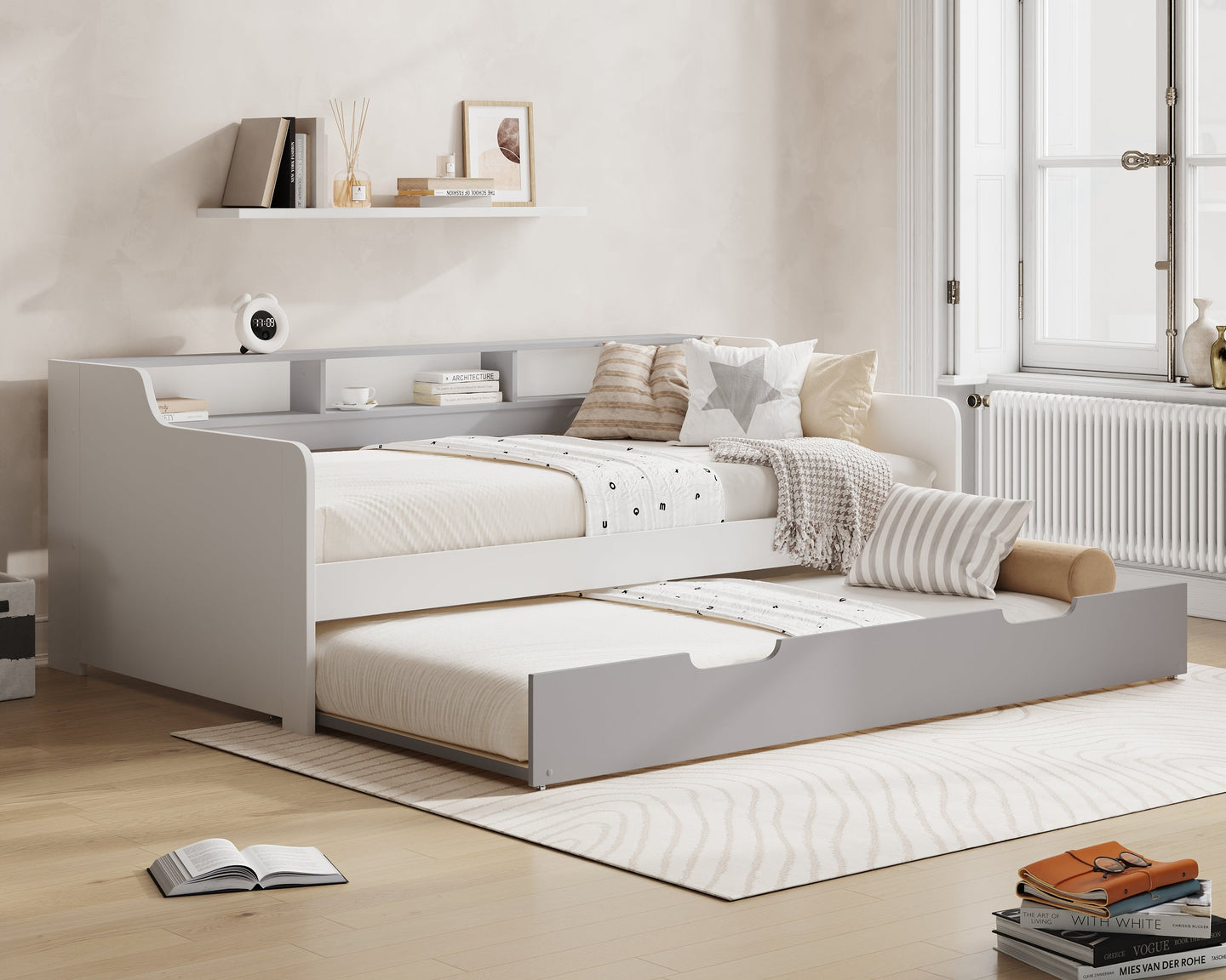 Modern bedroom with a white bed and Millie & Jones branding on the wall.