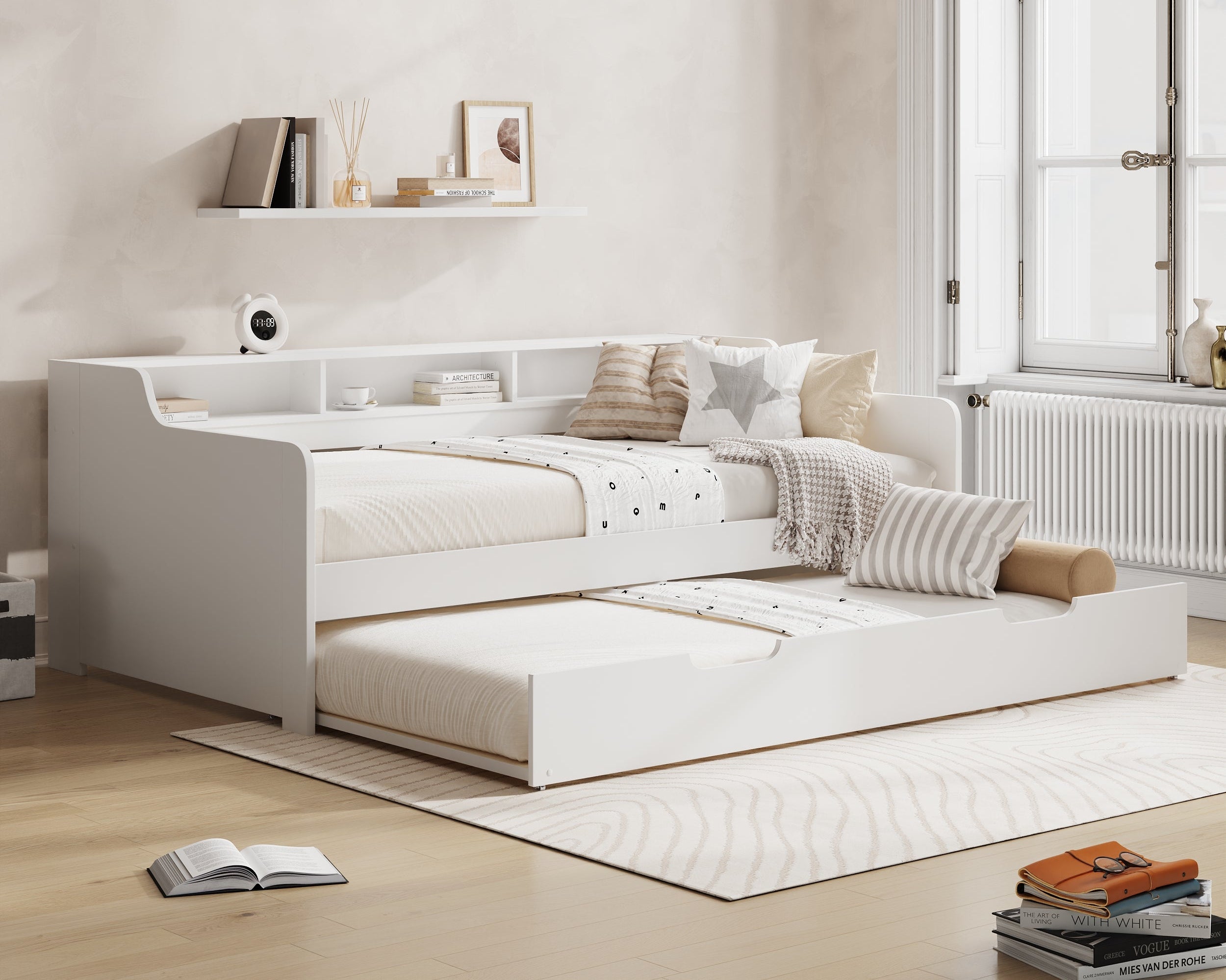 modern-bedroom-with-a-white-bed-and-millie-jones-branding-on-the-wall