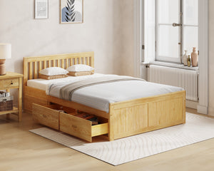 Wooden bed with storage drawers in a bedroom setting, featuring Millie & Jones branding.