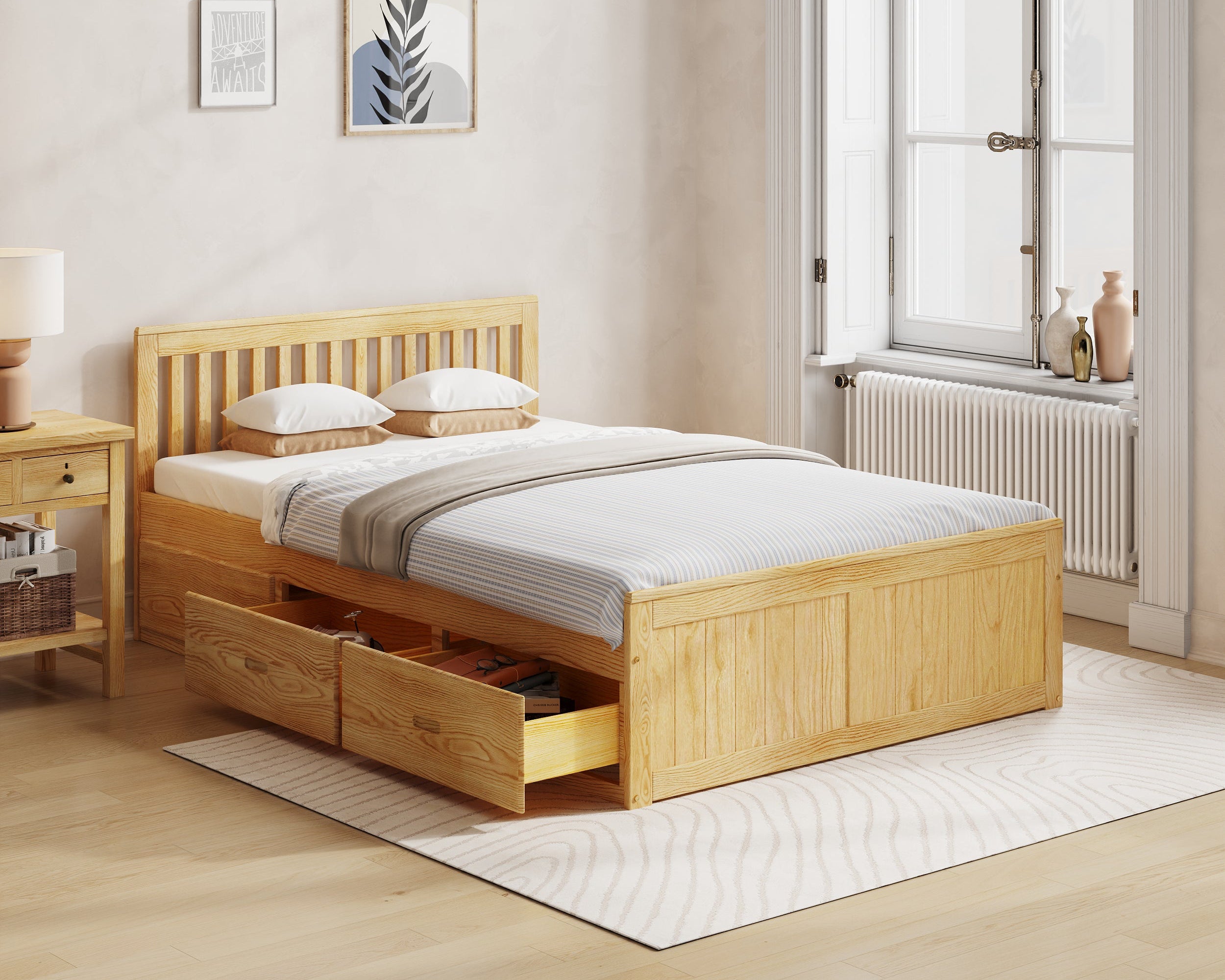 wooden-bed-with-storage-drawers-in-a-bedroom-setting-featuring-millie-jones-branding