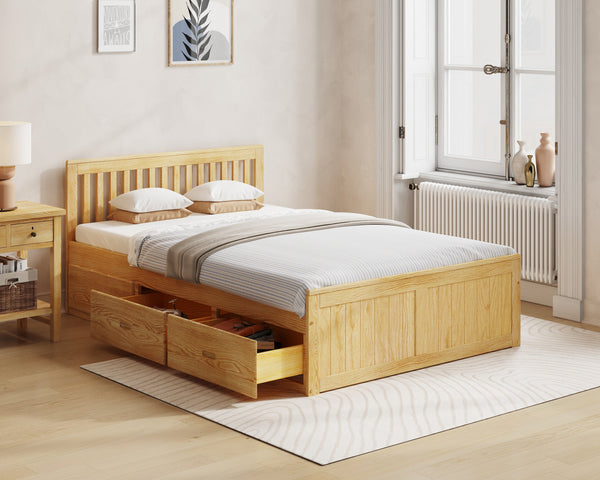 Wooden bed with storage drawers in a bedroom setting, featuring Millie & Jones branding.