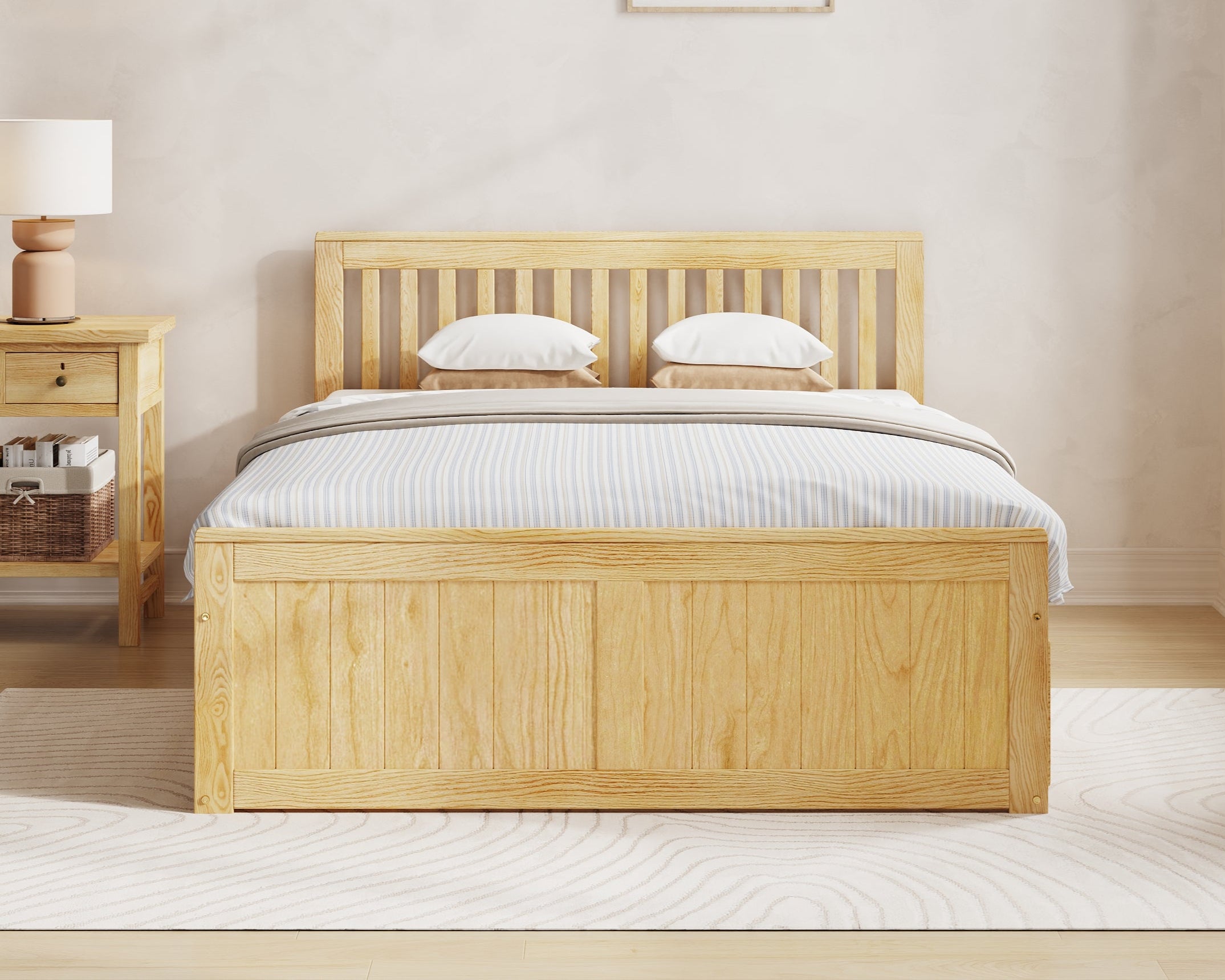 wooden-bed-in-a-bedroom-with-millie-jones-branding-on-the-wall
