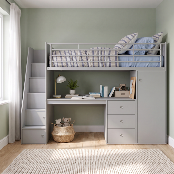 Marlow Staircase High Sleeper with Desk, Wardrobe & Storage Steps