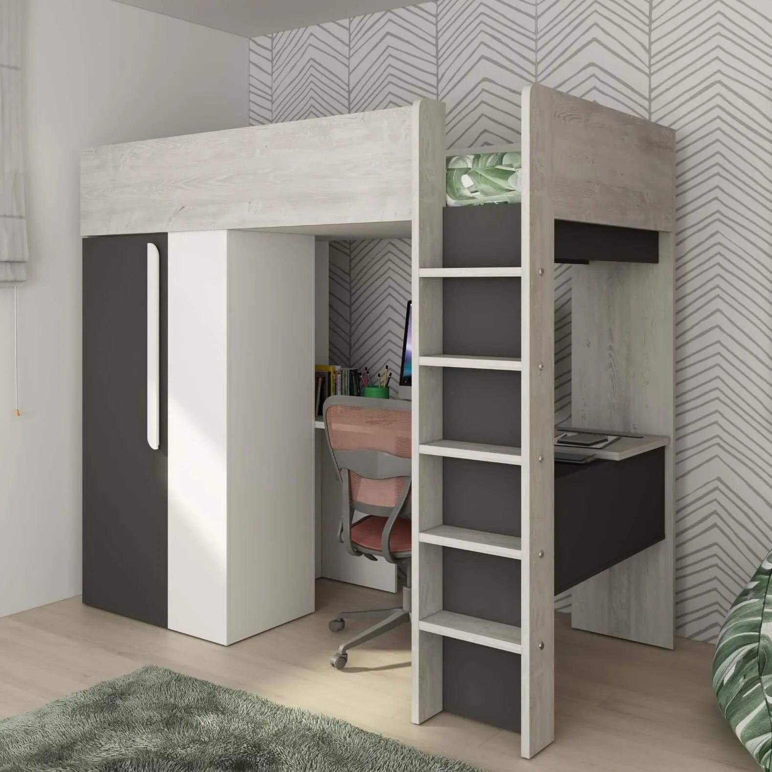Mont Blanc High Sleeper Loft Bed with Desk, Wardrobe & Shelves - Hover