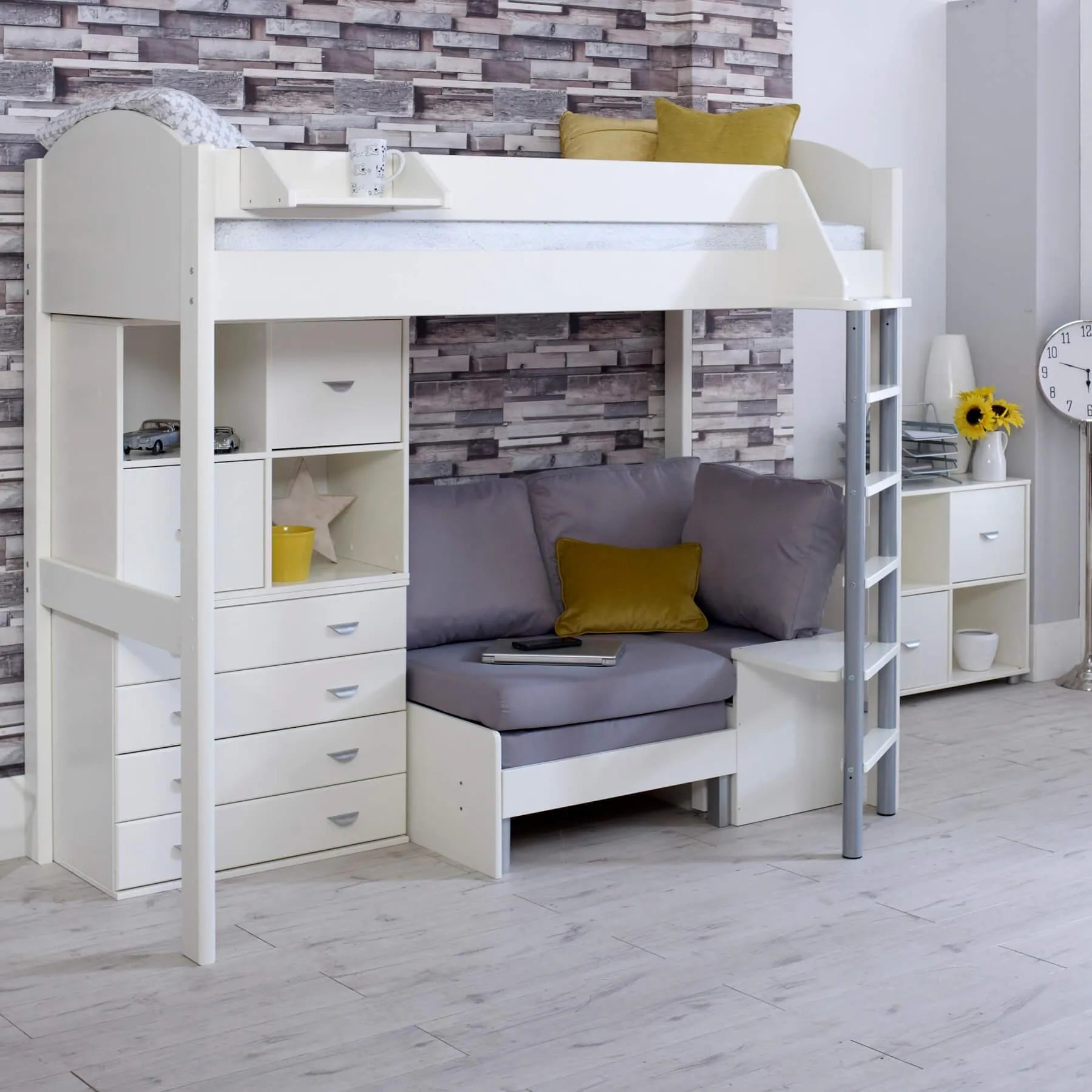 Noah High Sleeper Loft Bed with Chair Bed & Storage Drawers - Hover