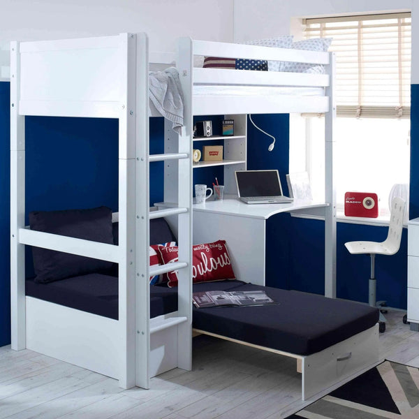 Nordic High Sleeper Loft Bed with Desk, Shelves & Chair Bed