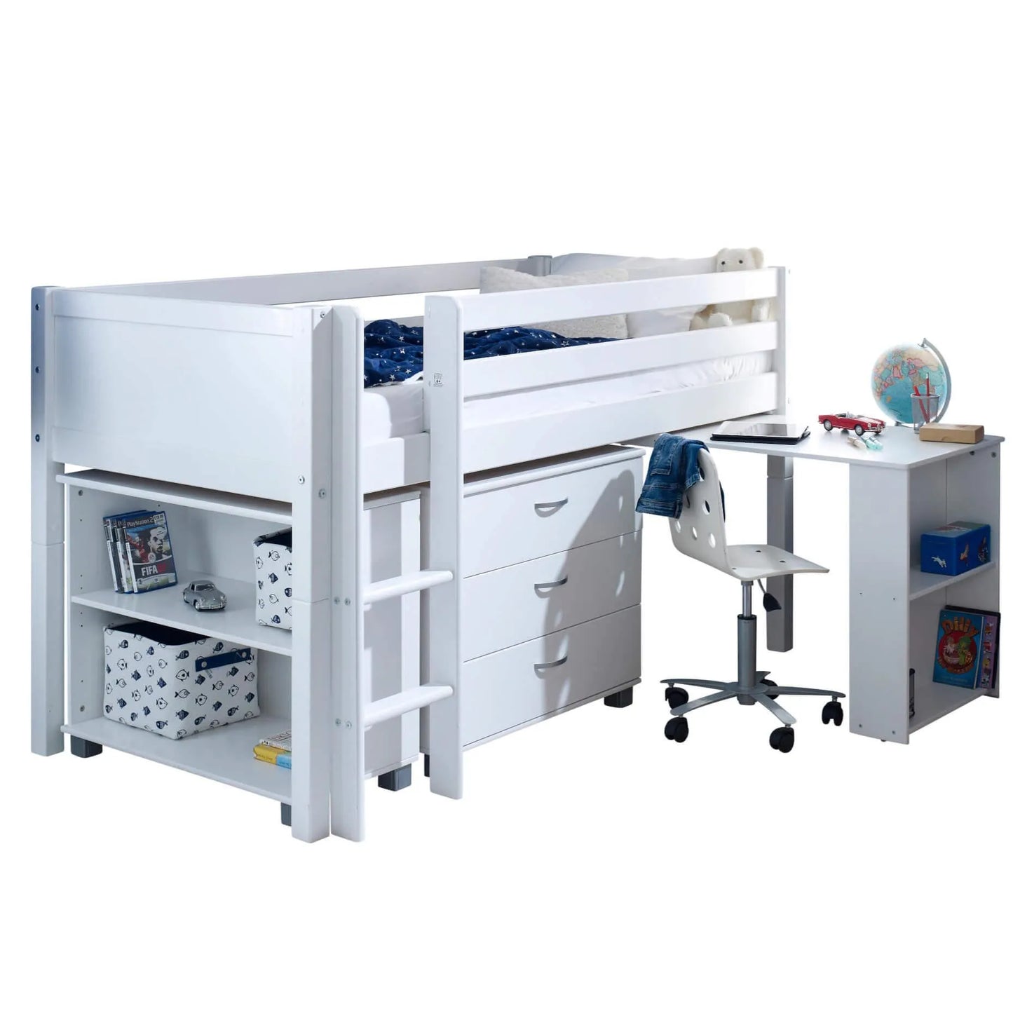 Nordic Mid Sleeper Bed with Desk, Optional Drawers & Bookshelf