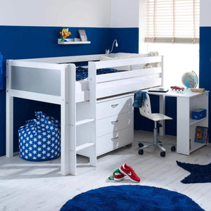 Nordic Mid Sleeper Bed with Desk, Optional Drawers & Bookshelf