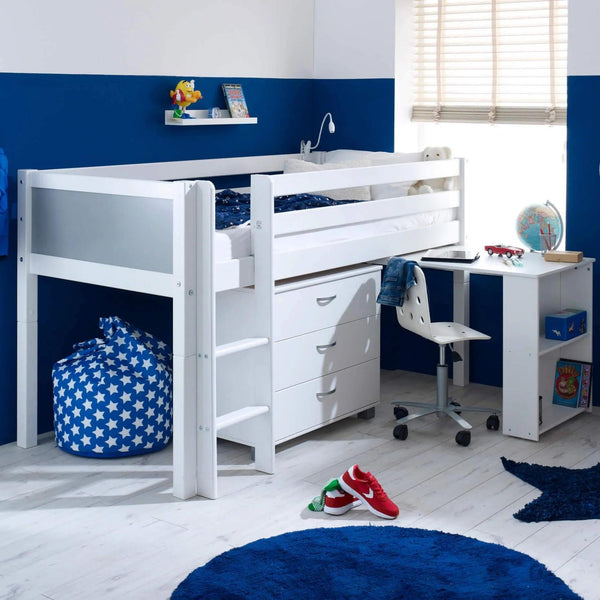 Nordic Mid Sleeper Bed with Desk, Optional Drawers & Bookshelf