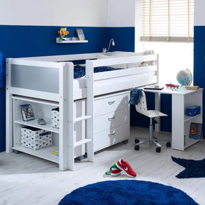 Nordic Mid Sleeper Bed with Desk, Optional Drawers & Bookshelf