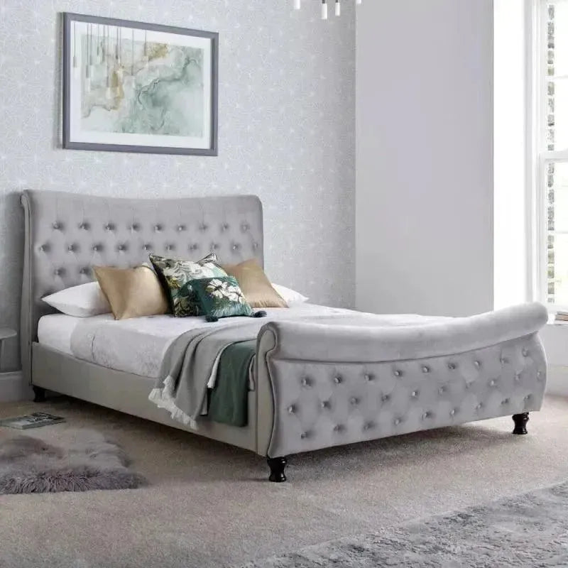 Oxford Grey Velvet Chesterfield Sleigh Double Bed