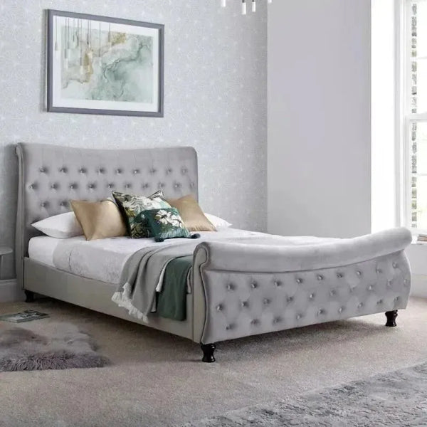 Oxford Grey Velvet Chesterfield Sleigh Double Bed