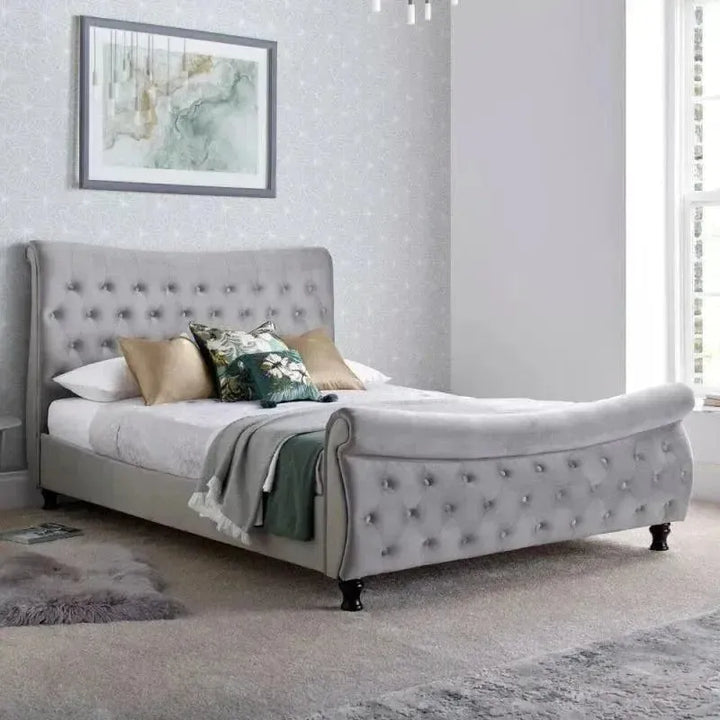 Oxford Grey Velvet Chesterfield Sleigh Double Bed