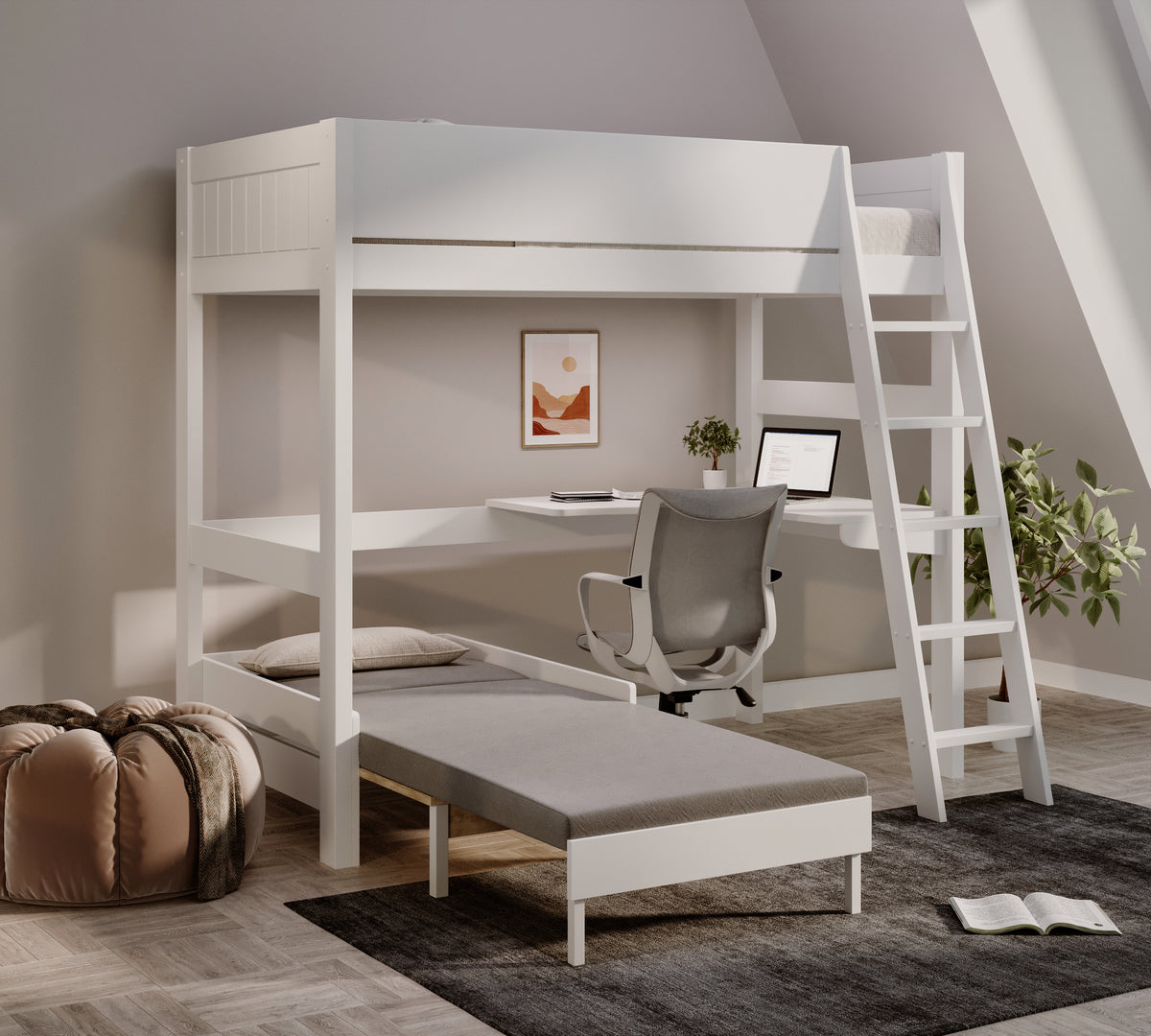 Oxford Solid Pine High Sleeper with Desk & Sofa Bed