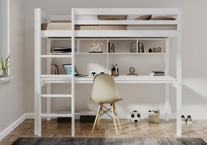 Pure loft bed with a full-length desk and shelves