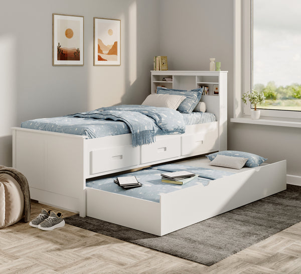 Sienna Guest Bed with Pull-Out Trundle, Shelf Headboard & Drawers