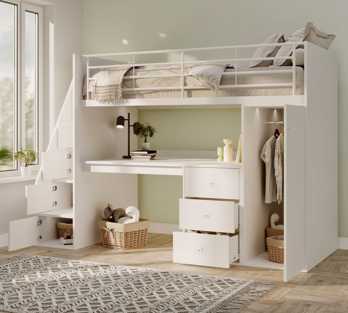 Marlow Staircase High Sleeper with Desk, Wardrobe & Storage Steps