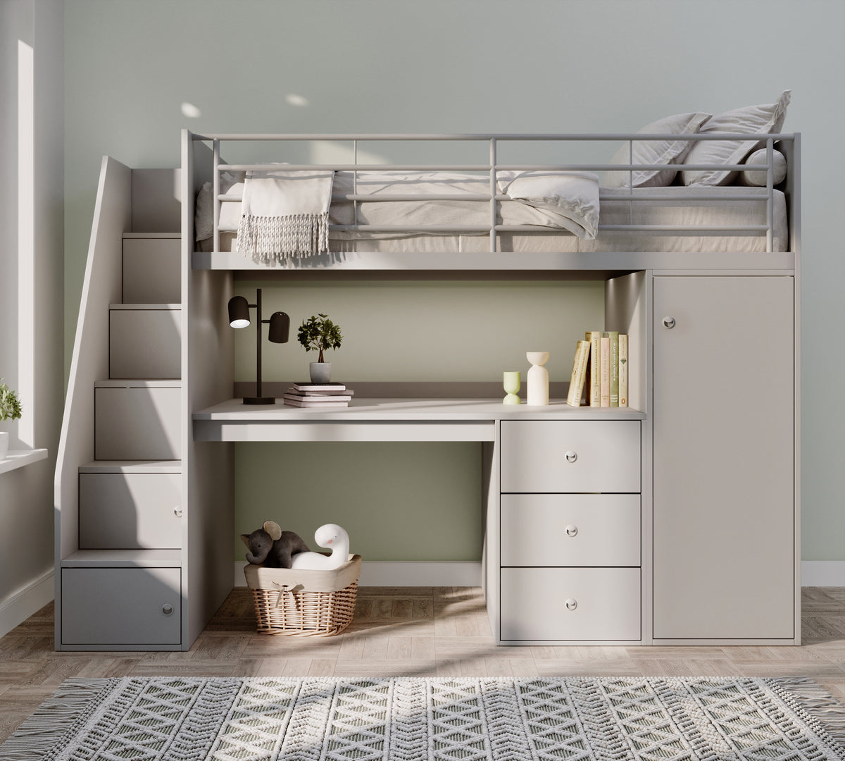 Marlow Staircase High Sleeper with Desk, Wardrobe & Storage Steps